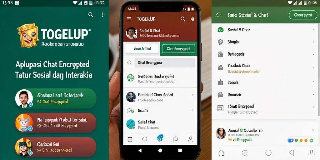 Antarmuka aplikasi TOGELUP menampilkan fitur Chat Encrypted yang modern dan aman.